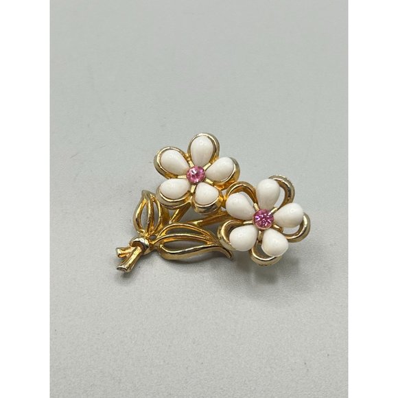 Vintage Small White Flowers Daisy Pin Brooch Gold Tone and Pink Rhinestones Pin - Picture 2 of 6